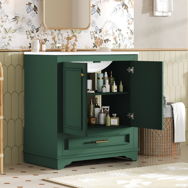 30'' Freestanding Bathroom Vanity with Single White Integrated Ceramic Sink - 30.5'' x 18.4'' x 33.9''