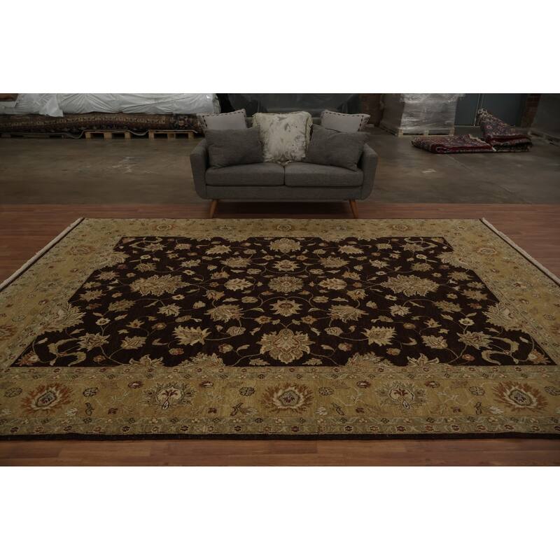 Hand Knotted Oriental 100% Wool Carpet Traditional Floral Brown Agra Area Rug - 12' 3'' X 9' 2''