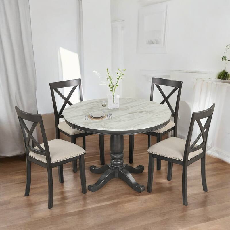 5-Piece Solid Wood Dining Table Set with 4 Chairs, Modern Marble-Style Table, Rubberwood Frame for Kitchen or Dining Room - Gray