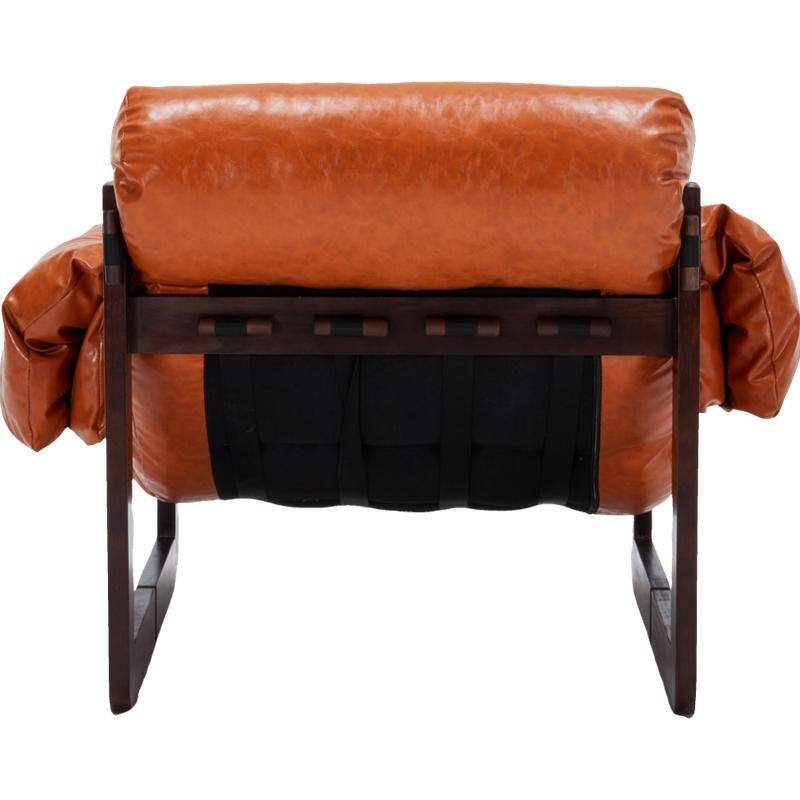 Vintage Orange Medieval Modern Lounge Chair - Removable Armrests, Waxed Leather & Rubberwood Frame