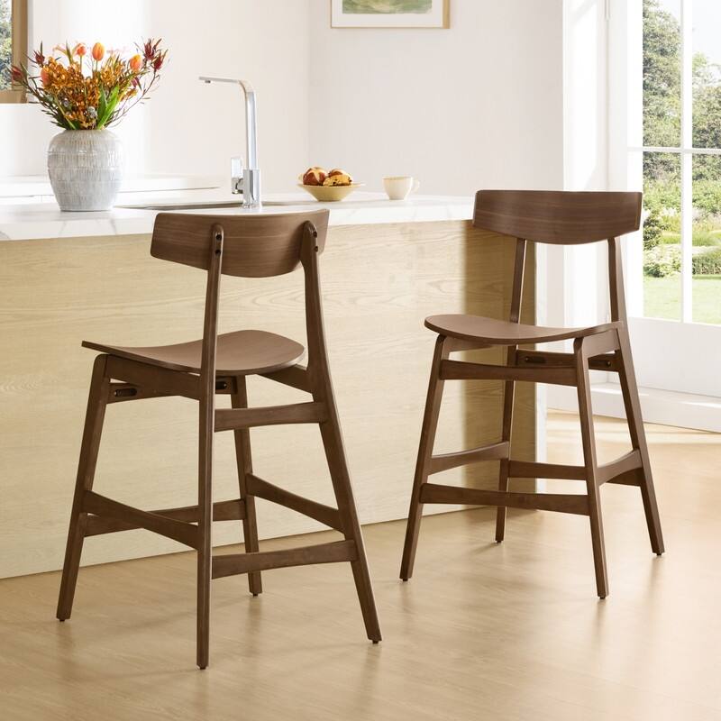 Spruce & Spring Modern Farmhouse Bar Stool with Bentwood Back and Saddle Seat - Set of 2 - Walnut