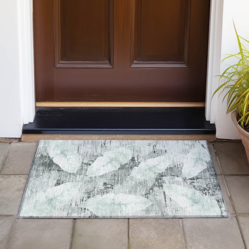 Machine Washable Indoor/Outdoor Modern Leaf Chantille Rug - Teal - 1'8" x 2'6"