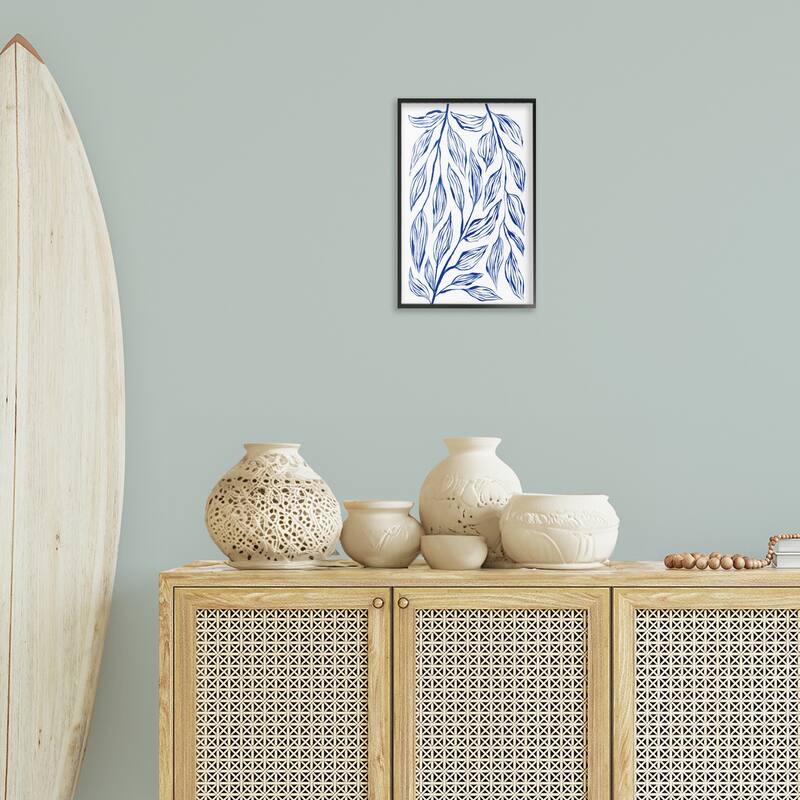 Stupell Simple Blue Leaves on White Framed Giclee Art Design By Martina Pavlova