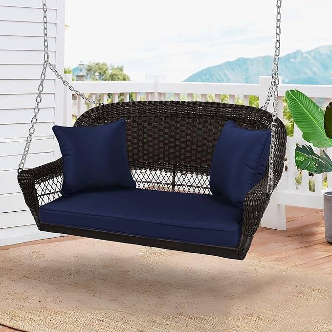26 in. W Blue Cushion in Aluminum Frame Outdoor Porch Swing with CushionGuard and Stand