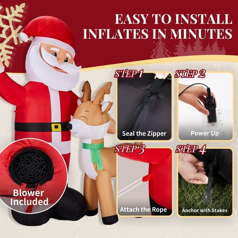 6.3FT Lighted Santa and Reindeer Christmas Inflatable Decoration - Red