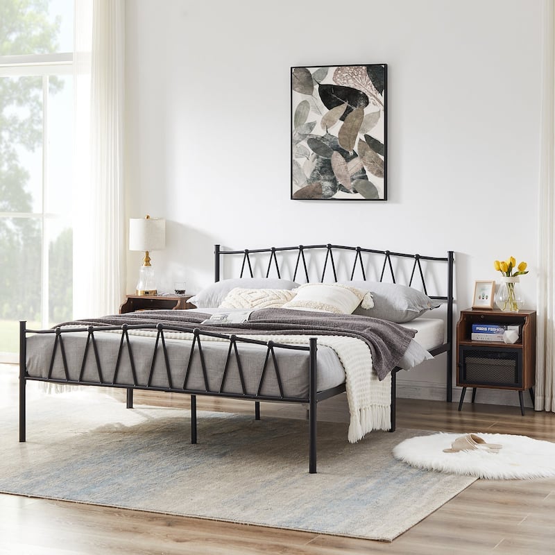 Industrial 3 Piece Bedroom Set Black Platform Bed Frame and Modern Brown Nightstands Set of 2