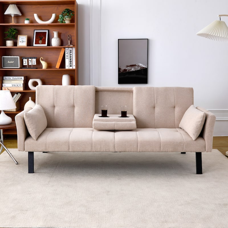70-inch multi-functional cotton and linen sofa bed: foldable + cup holder + side storage