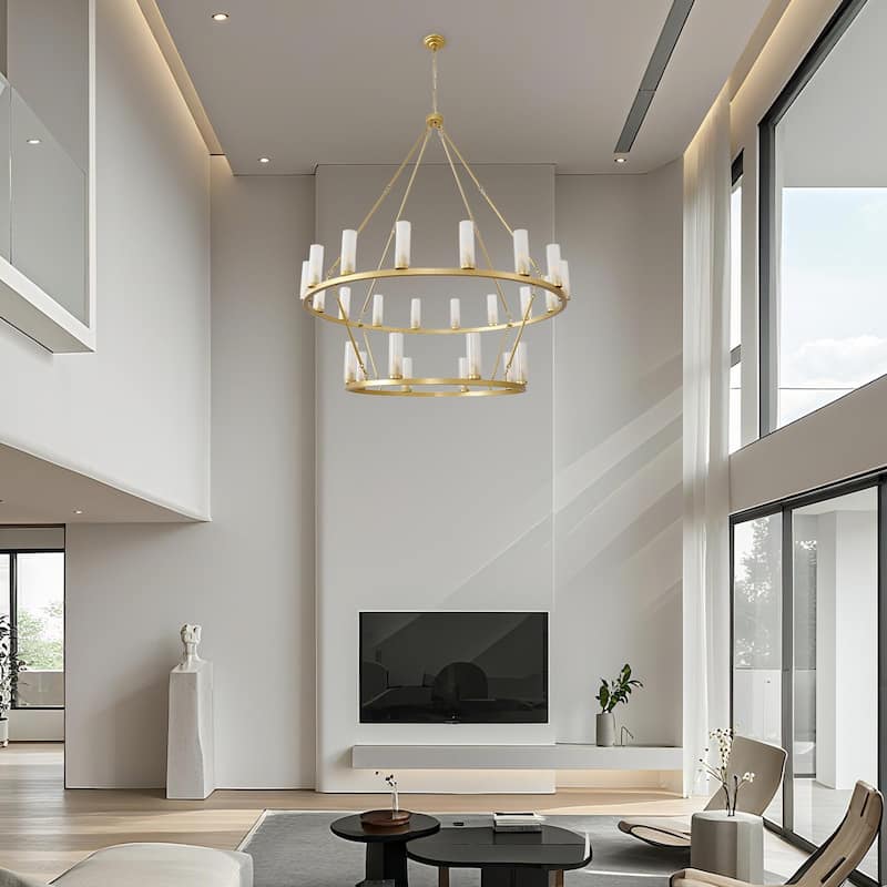 24 - Light 2 - Tier Gold Wagon Wheel Chandelier, 48.6" Wide, Frosted Glass Shades - Brushed Brass