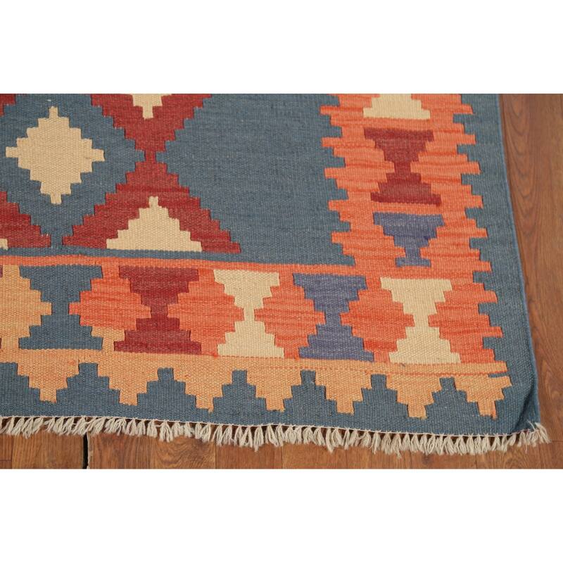 Geometric Blue Flat Weave Kilim Persian Rug Hand-Knotted Wool Carpet - 4'2"x 5'8"
