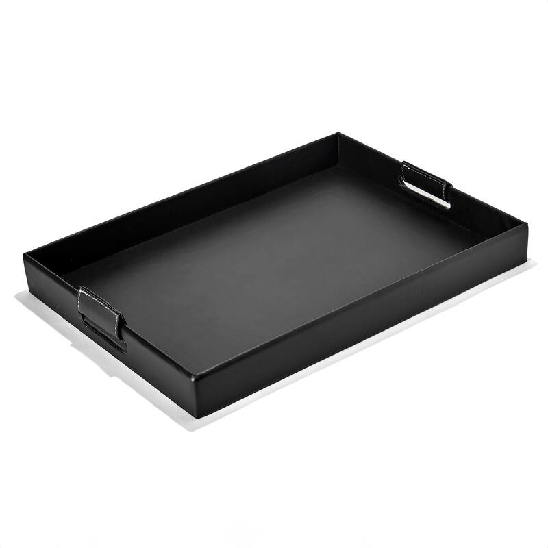 Faux Leather Rectangular Tray with Handles - Black
