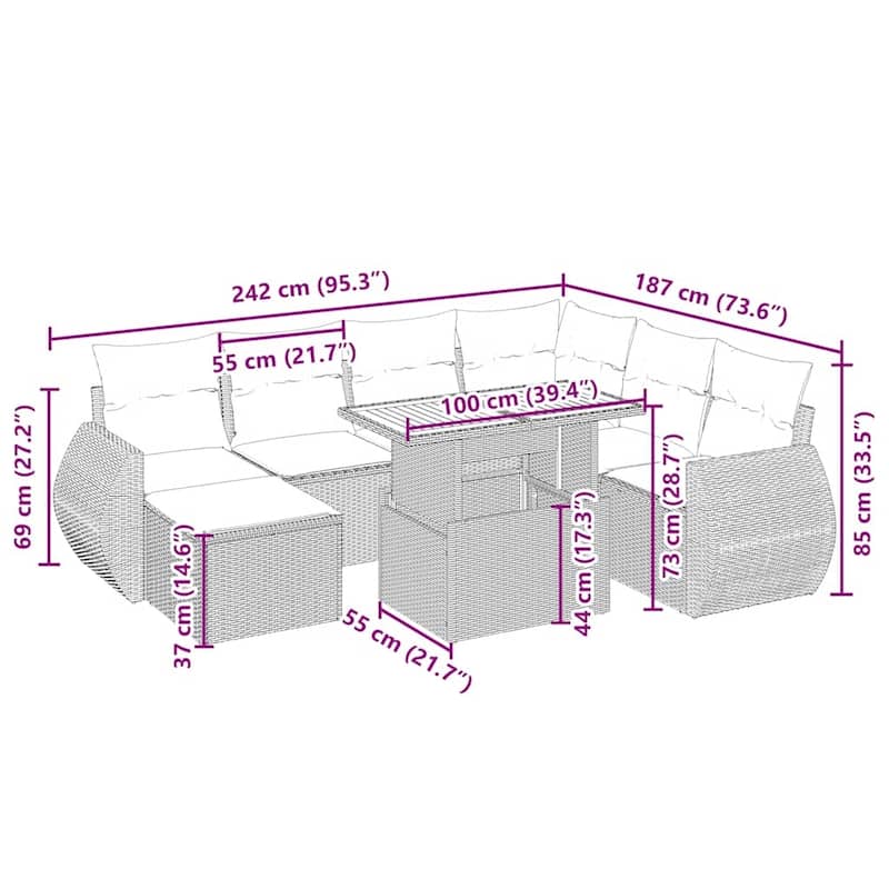 vidaXL Patio Sofa Set with Cushions Outdoor Conversation Furniture Poly Rattan - 21.7 x 24.4 x 27.2