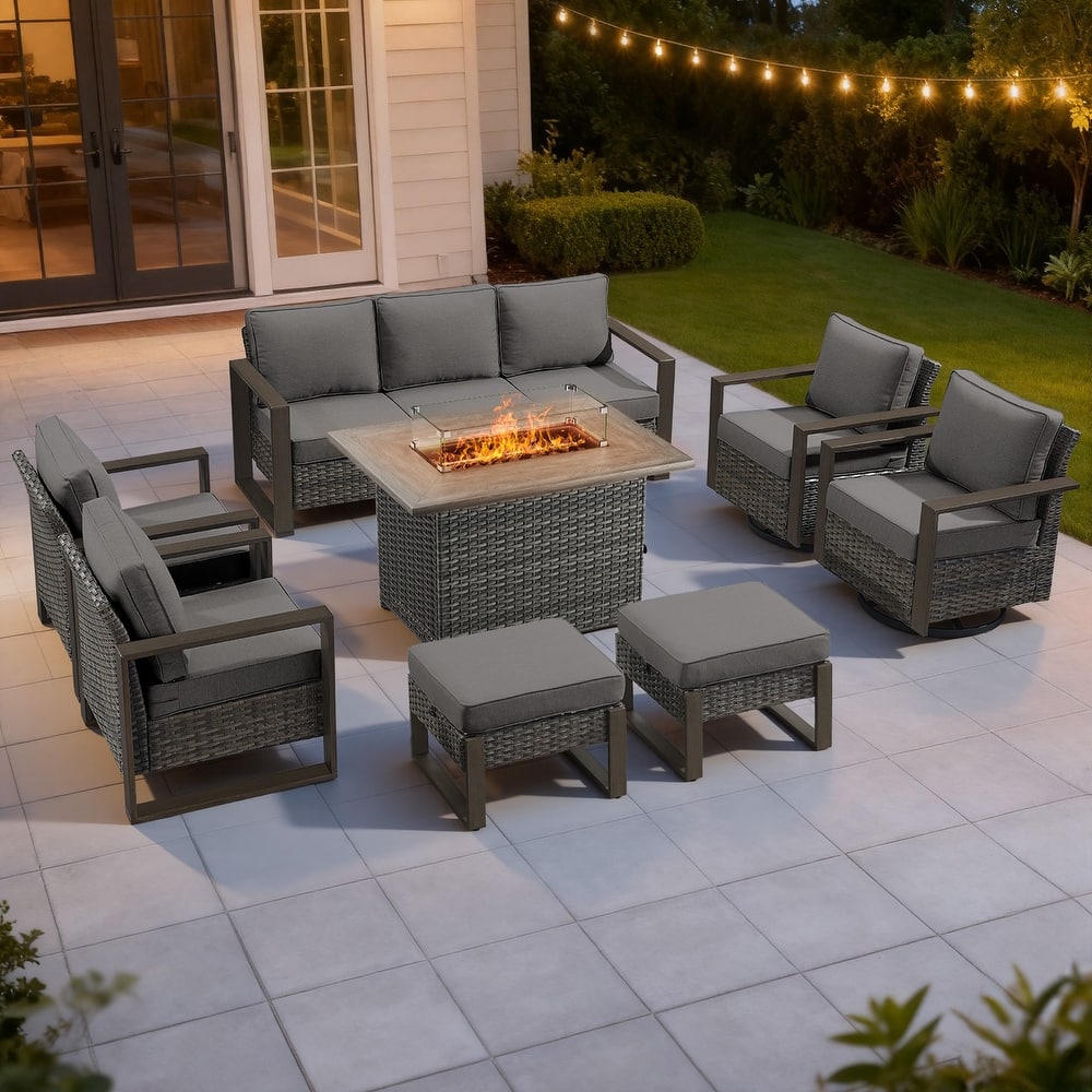 Meyreso Wicker Outdoor Patio Fire Pit Set with Swivel Gliders and Olefin Cushions