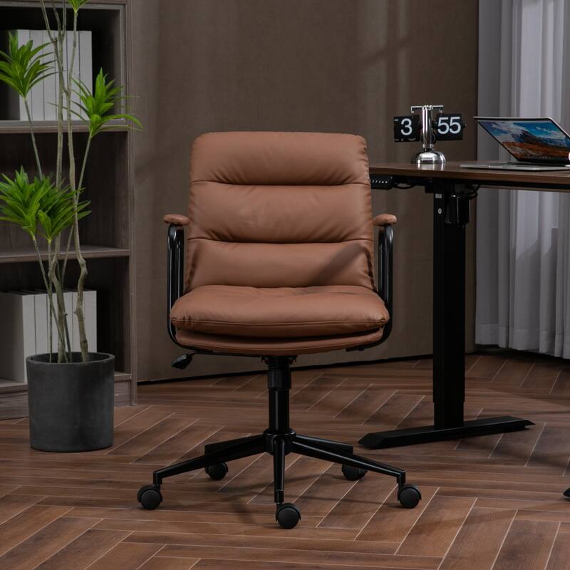 Roomfitters PU Leather Office Chair, Mid-Back Adjustable Swivel Desk Chair with Wheels and Arms, Ergonomic Task Chair - Brown