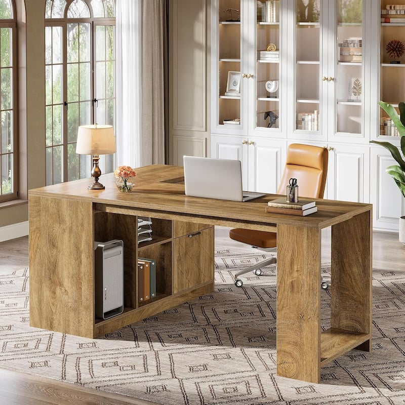 63" L-Shaped Executive Desk, Large Office Desk with File Cabinets and Shelves, Farmhouse Wooden Business Furniture