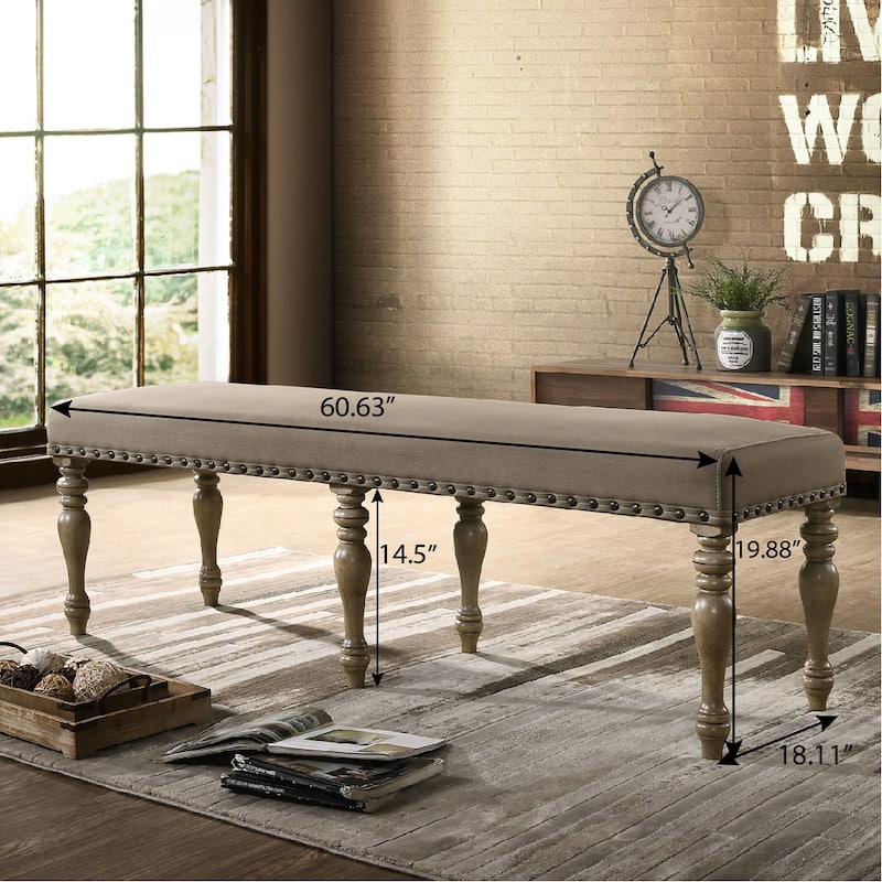 Microfiber Upholstered Bench with Nail Head Trim in Driftwood Finish
