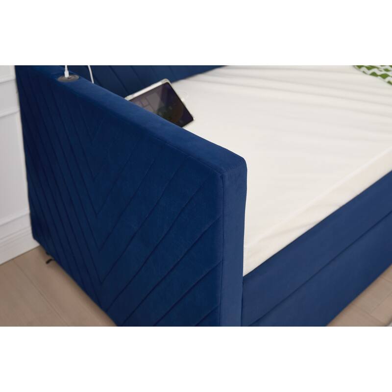 Twin Size Velvet Daybed with Trundle, USB Charging Port & Side Pockets, Modern Upholstered Sofa Bed with V-Pattern Backrest