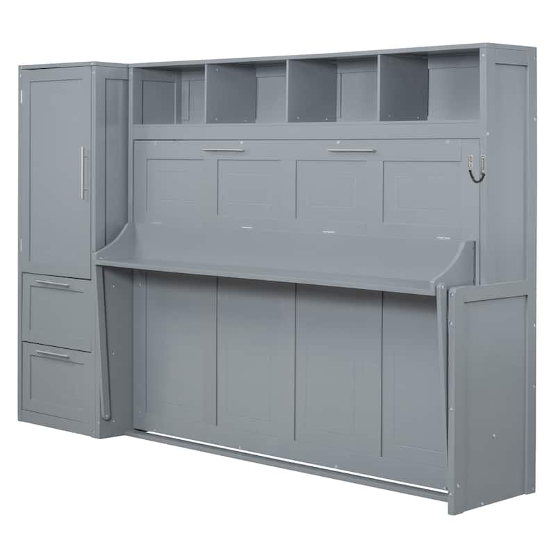 Murphy Wall Bed with Integrated Storage, Closet, and Drawers - Queen Size Space Saver - Gray - Queen