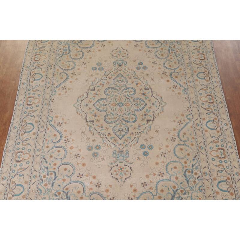 Hand Knotted Oriental 100% Wool Carpet Traditional Floral Beige & Ivories Tabriz Area Rug - 12' 7'' X 9' 5''