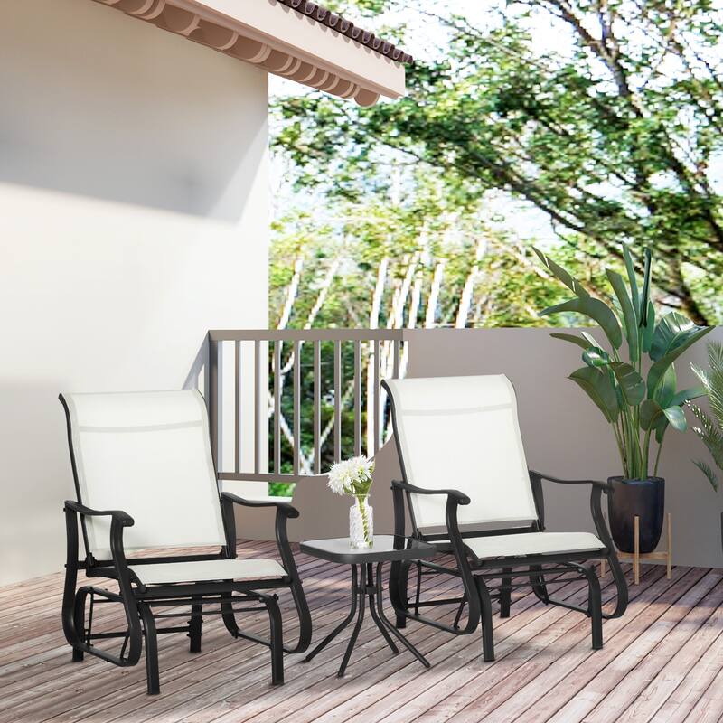 Outsunny 3-Piece Outdoor Gliders Set Bistro Set with Steel Frame,Tempered Glass Top Table for Patio, Garden, Backyard, Lawn - Cream White