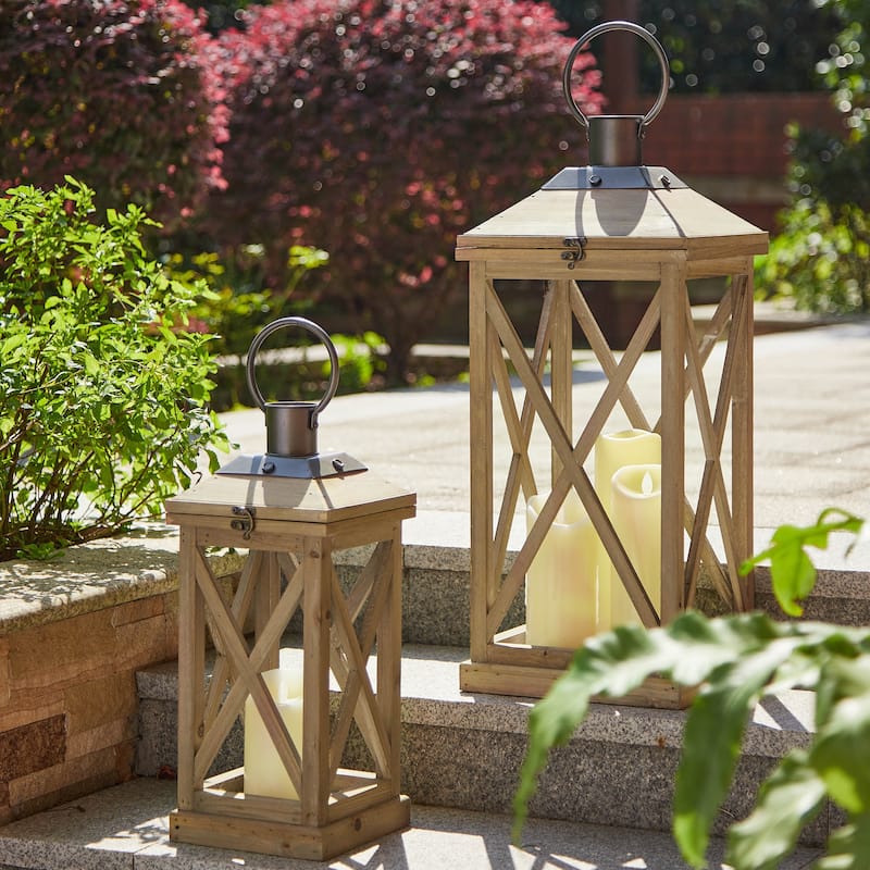 Glitzhome Set of 2 Farmhouse Wooden Lantern Hanging Candle Holders Fall Wedding Decor - 24"+17"