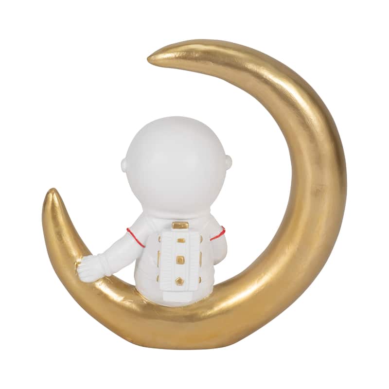Sagebrook Home Polyresin 7" Space Man on Crescent Moon Figurine in White and Gold - 7" x 3" x 7"
