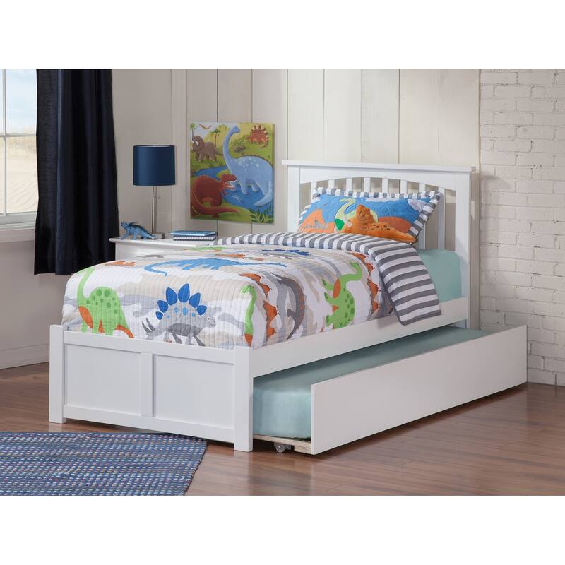 Twin Platform Bed with Trundle - Coastal Cottage Style, White Finish, Mission Design, Space Saving