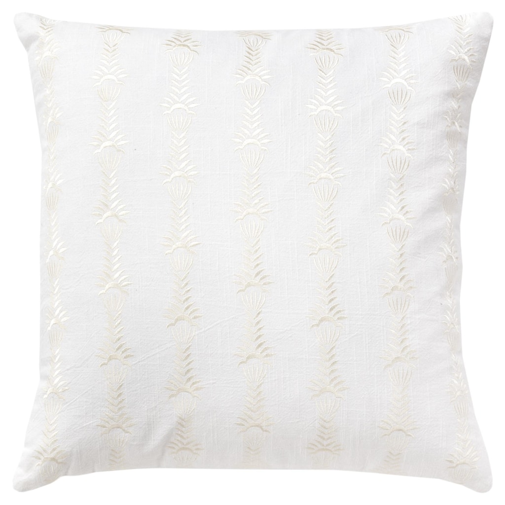 HomeRoots 20" White Botanical Stripe Cotton Throw Pillow With Embroidery