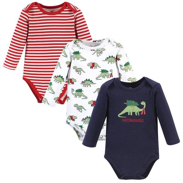 slide 1 of 1, Hudson Baby Cotton Long-Sleeve Bodysuits, Christmasaurus 0-3 Months - Christmasaurus