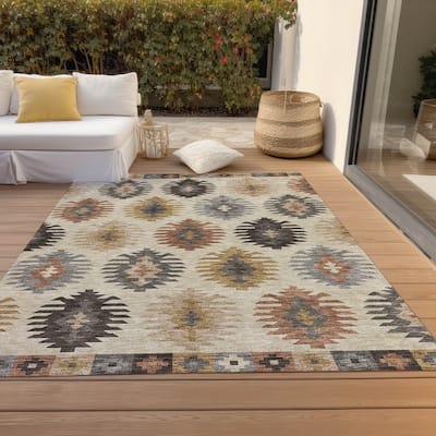 Machine Washable Indoor/ Outdoor Boho Tribal Chantille Rug