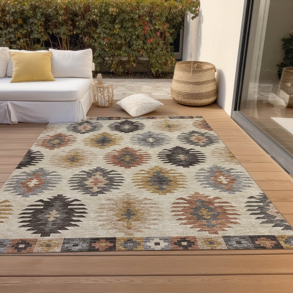 Machine Washable Indoor/ Outdoor Boho Tribal Chantille Rug