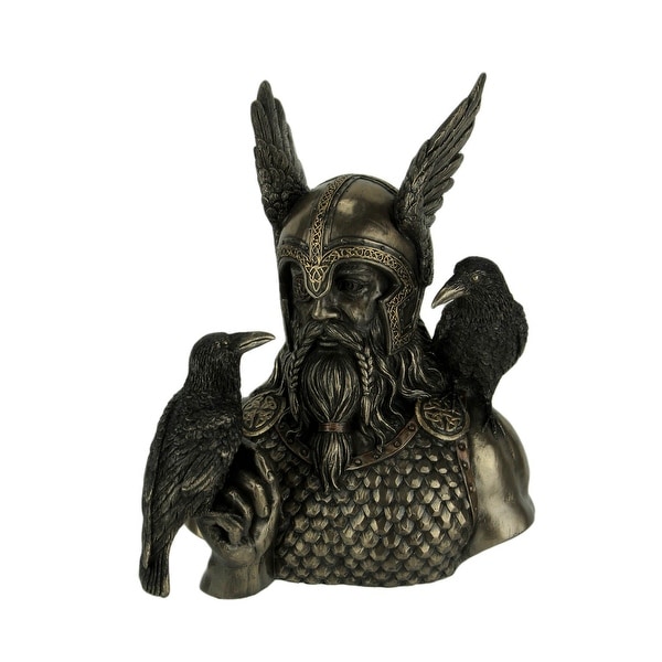 Norse God Odin in Winged Helm with Ravens Statue - 9 X 6 X 5.25 inches