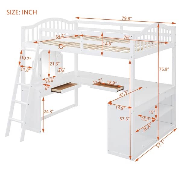 dimension image slide 1 of 2, Full Size Wooden Loft Bed with U-Shaped Desk, Storage Compartments & Tri-Fold Mirror - Stylish Space-Saving Furniture