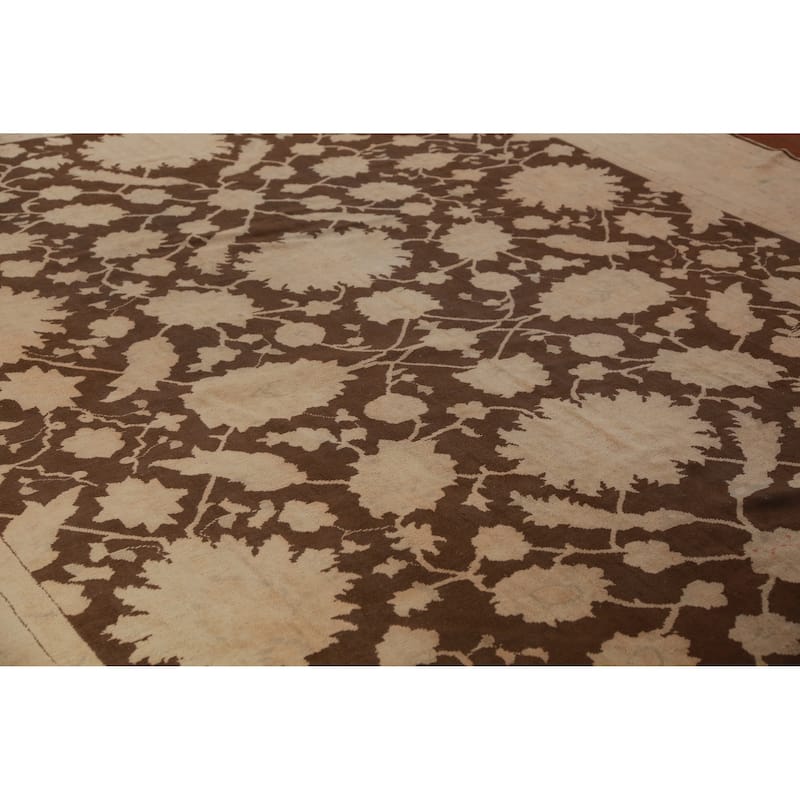Vegetable Dye Brown Floral Oushak Turkish Rug Hand-Knotted Wool Carpet - 10'4"x 12'9" - 10'4"x 12'9" - Brown
