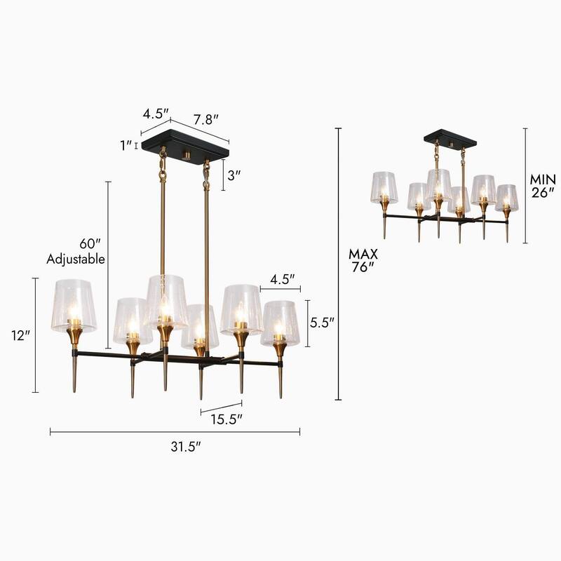 Modern Farmhouse 6-Light Black Gold Chandelier Seeded Glass Pendant Lights for Dining Room - L31.5'' x W15.5'' x H12''
