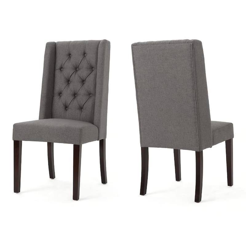 Nathan Dining Chair Set of 2, Dark Brown Wood, Tufted Gray Wingback