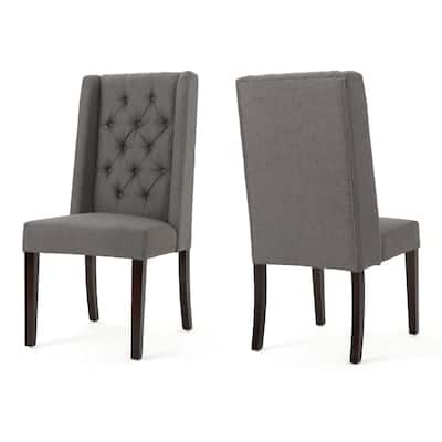 Nathan Dining Chair Set of 2, Dark Brown Wood, Tufted Gray Wingback
