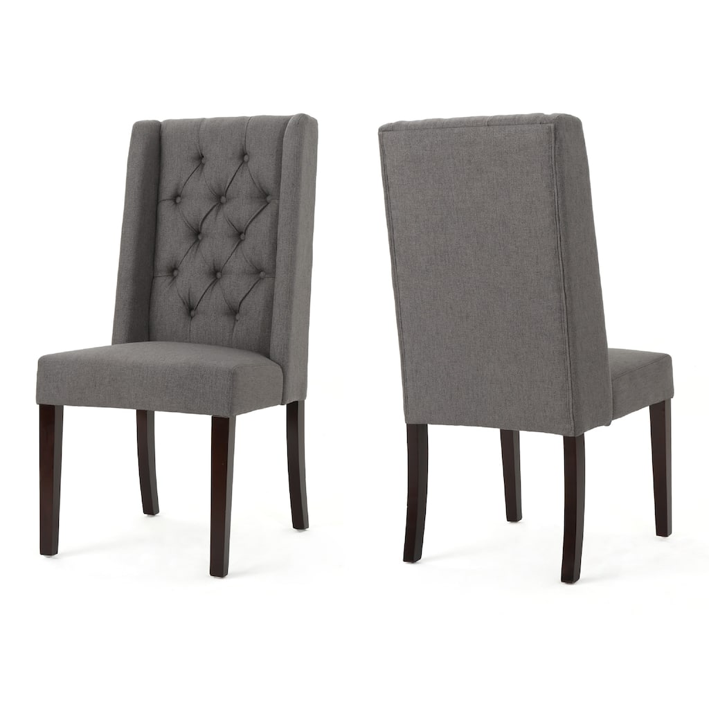 Nathan Dining Chair Set of 2, Dark Brown Wood, Tufted Gray Wingback