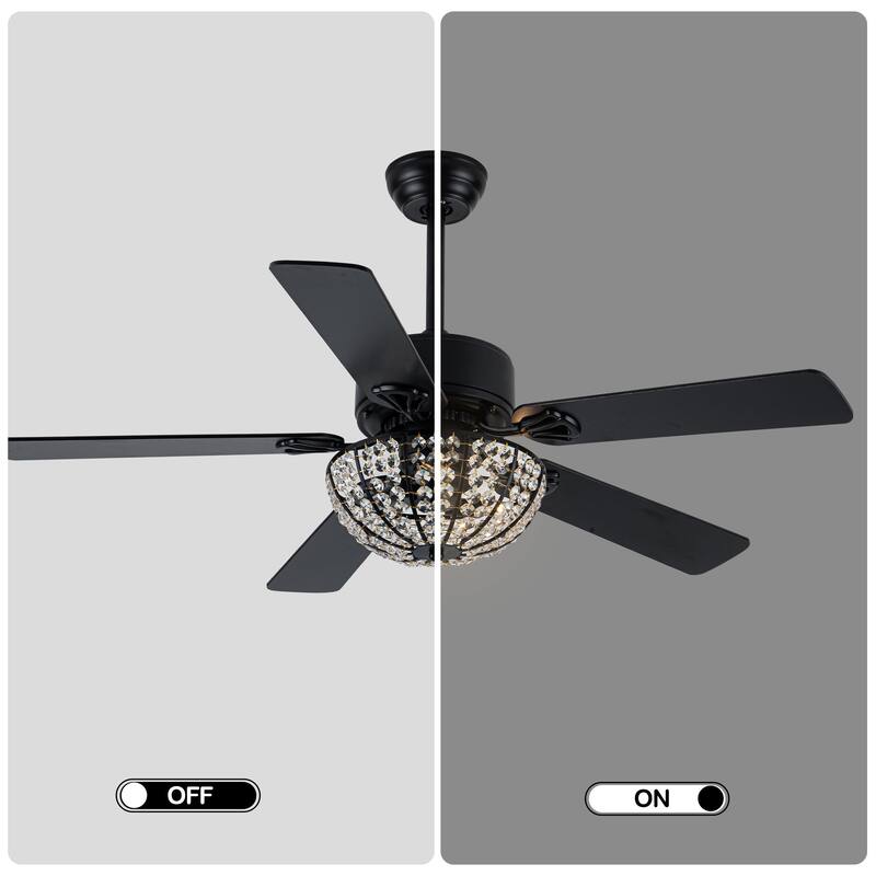 Cusp Barn 52 Inch Modern Crystal Black Ceiling Fan with Light, Noiseless DC Motor 6 Speeds Caged Ceiling Fan for Living Room