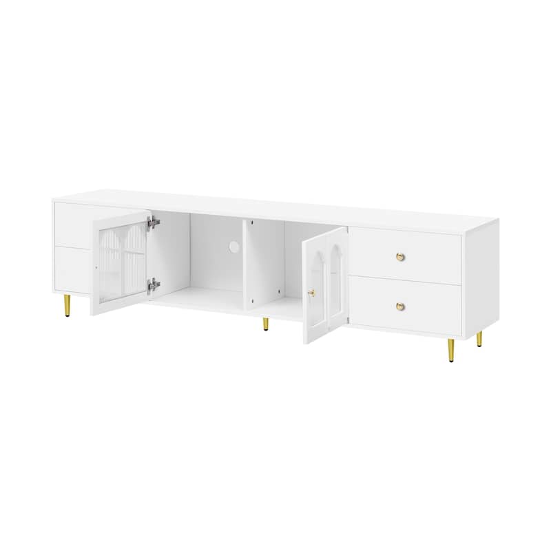 70.9" Glass Door TV Stand with Round Handle, Media Storage TV Console Table with 4 Drawers, 2 Cabinets for TVs up to 75''