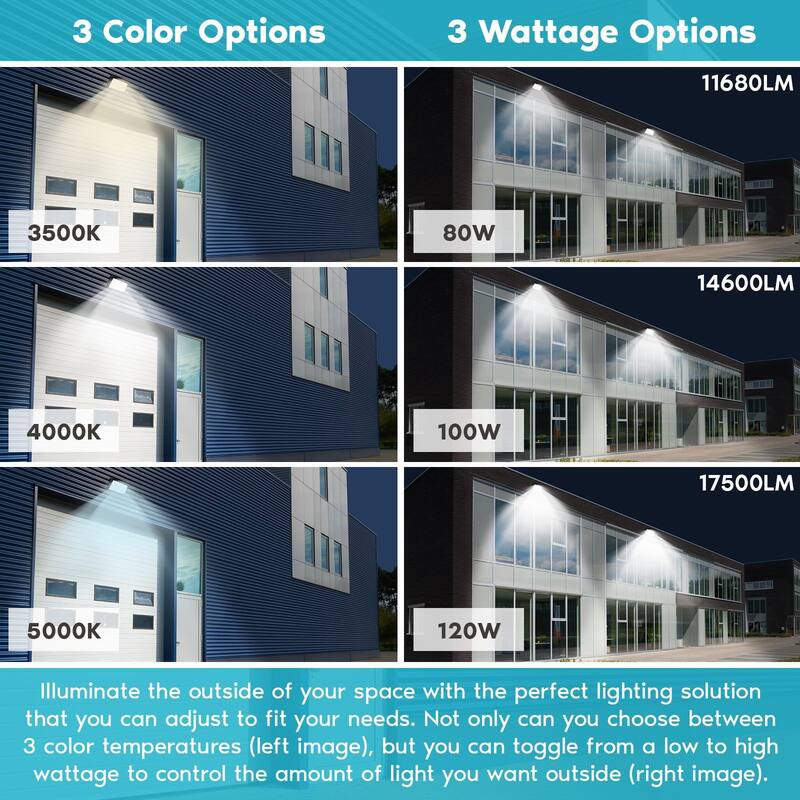 Luxrite LED Wall Pack Light Photocell Sensor 17500 Lumens 3 Color Select IP65 Waterproof Dusk to Dawn