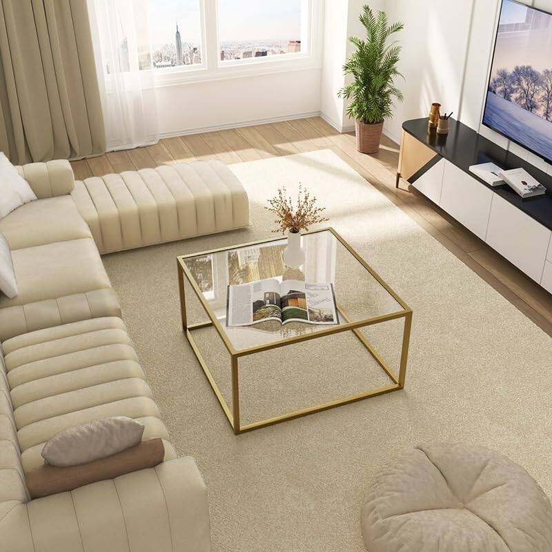 Coffee Table Glass Modern Coffee Tables for Small Space Simple Square Center Table, 26.7 x 26.7 x 15.7