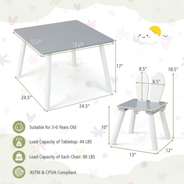dimension image slide 0 of 3, Kids Table and Chair Set, 3 Pcs Wooden Play Table and 2 Cute Rabbit Chairs, Solid Wood Legs, Space-Saving