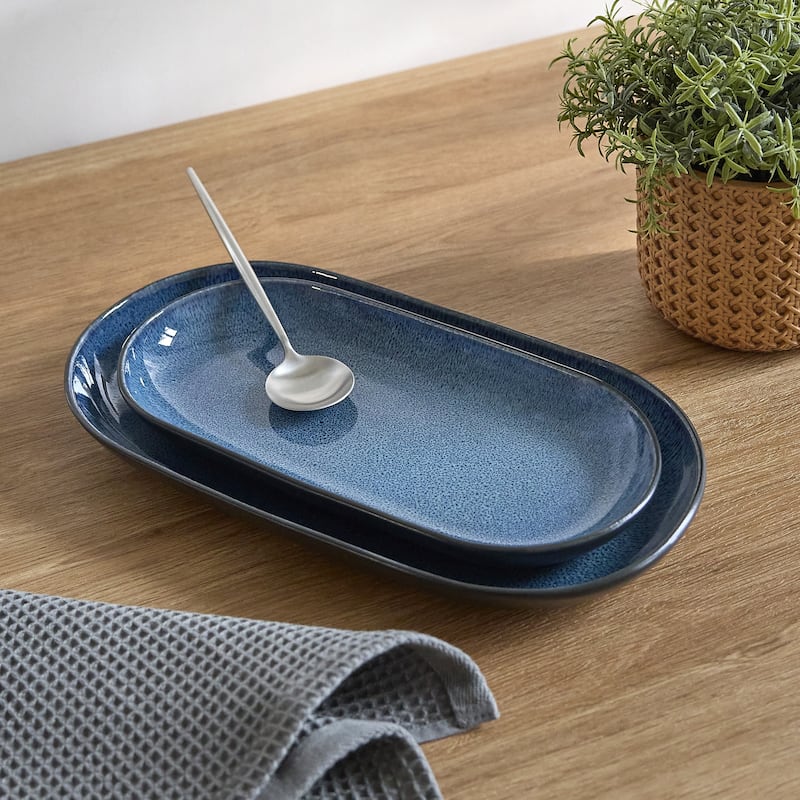 Sango Resona Blue/Black Large Ceramic Serving Platters Set of 2, 14/12 Inch