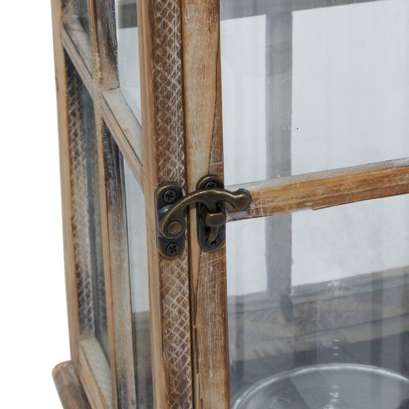 Brown or Light Brown Wood Lighthouse Style Decorative Indoor Outdoor Candle Lantern with Black Ring Handle