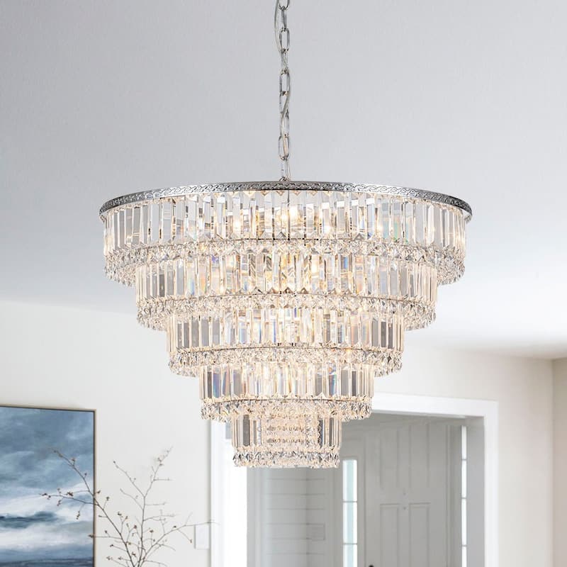 Luxury Chrome 17-Light Tiered Crystal Waterfall Empress Chandelier - 24.8in