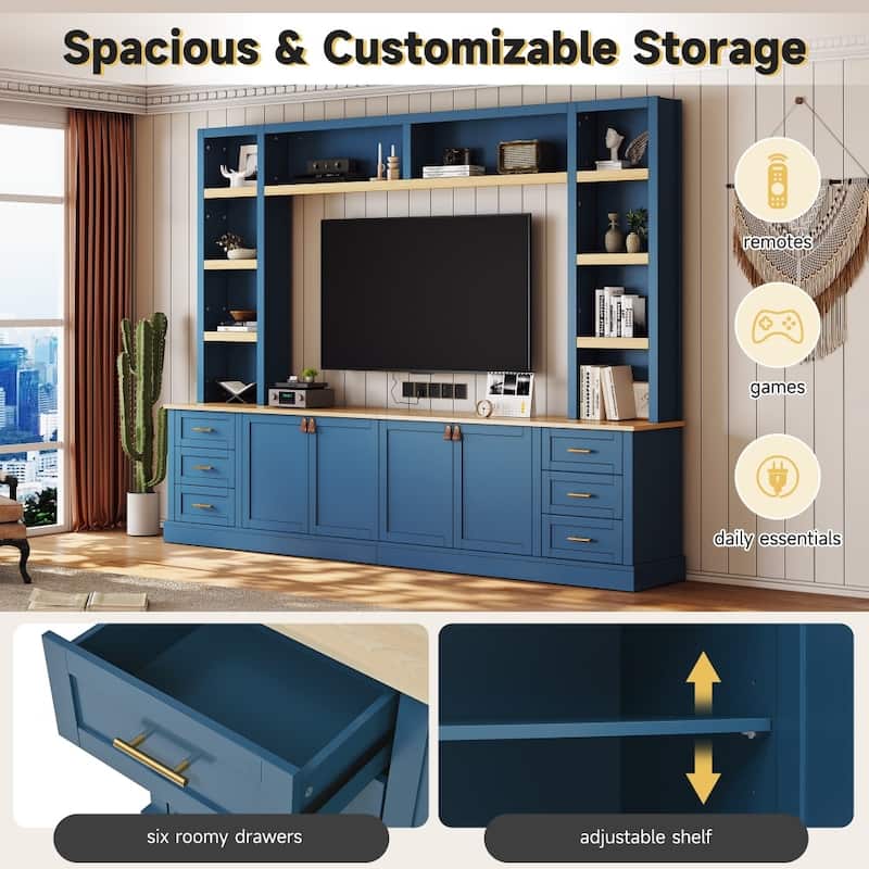 102.3" Farmhouse 4-Piece Entertainment Center Wall Unit with Adjustable Shelves,6 Drawers