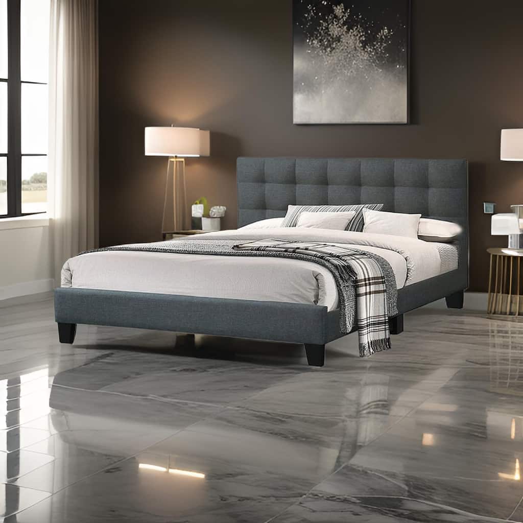 Dex Modern Platform Queen Size Bed, Plush Tufted Upholstery, Charcoal Gray