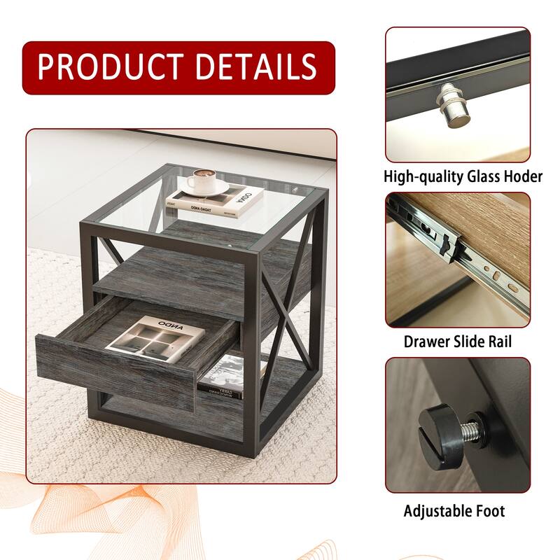 1 piece Modern End Table with Drawer - Nightstand,Rustic Wood Grain MDF& Tempered Glass Top,Industrial Style Side Table