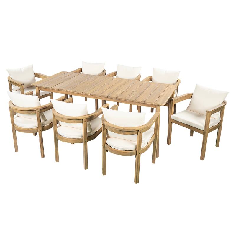 Christopher Knight Home - Outdoor Solid Acacia Wood 9-Piece Dining Set with Cushioned Chairs and Large Rectangular Table