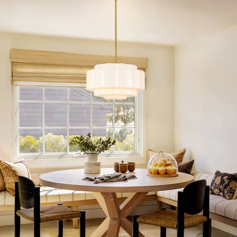 Rennnsan 3-Light Mid-Century Modern Brass Tiered Milk Glass Pendant for Dining Room - 15.7 in. W x 7.1 in. H